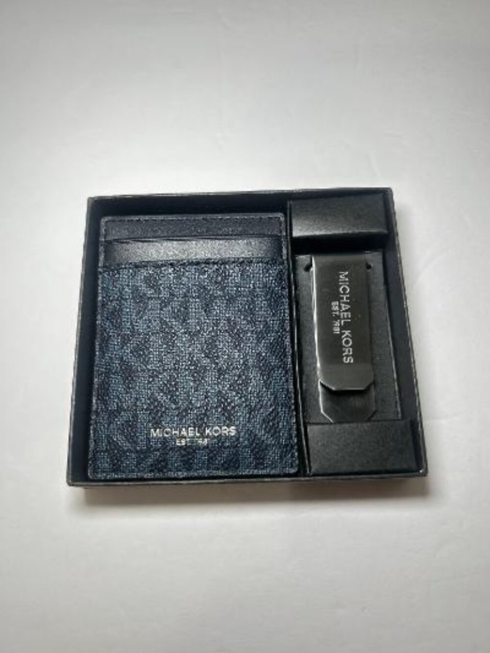 Michael Kors Men's Card Holder & Money Clip Set Black Blue New